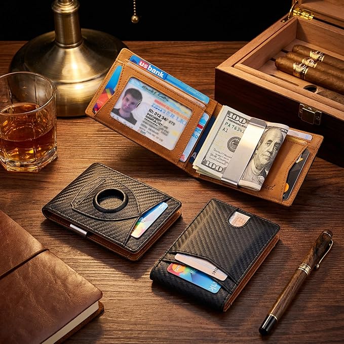 kinzd Slim Wallet with Money Clip RFID Blocking Minimalist Bifold Wallet for Men Genuine Leather Front Pocket Card Holder