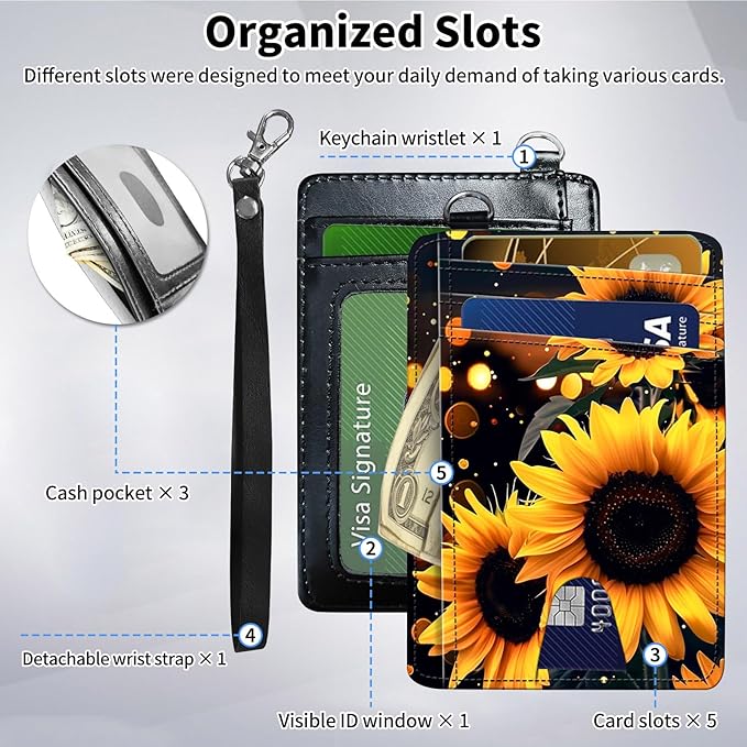 Slim Minimalist Front Pocket Wallet,Credit Card Holder Wallet for Women Men,RFID Blocking Credit Card Holder Case Leather Cute Small Thin Wallet ID Window&Wrist Strap,Glitter Sunflower