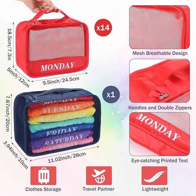 Days of Week Packing Cubes Weekly Organizer Travel Storage Bag School Clothes for Kids Summer Camp Family(9x7x3inch,Rainbow,15)