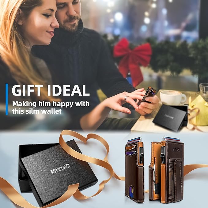 miyozi Men Wallet,with Money Clip Coins Pocket ID Window,Slim Front Pocket RFID Blocking Pop-up Card Holder 3.9"x 2.7", Gift Boxed