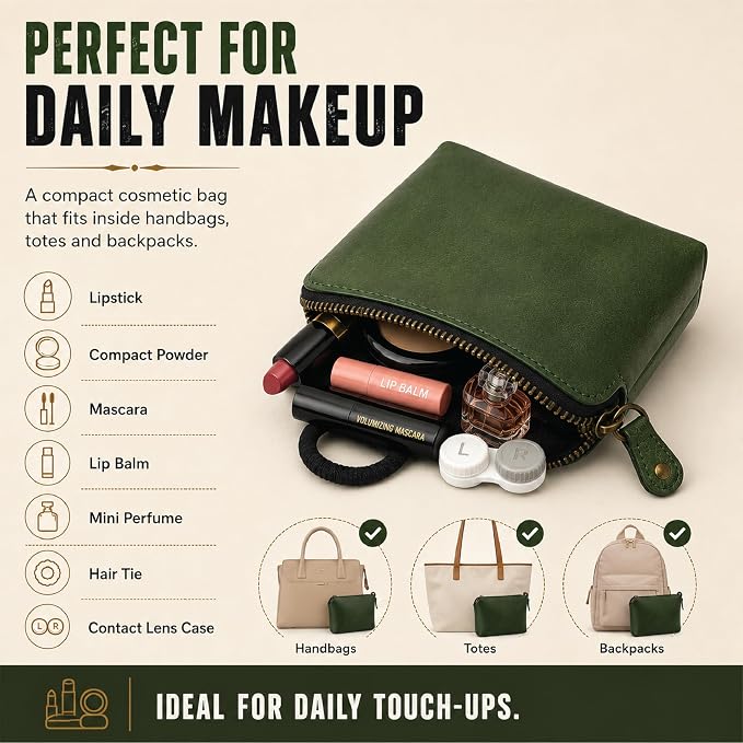 Full Grain Leather Cosmetic Bag – Zippered Makeup Pouch for Women, Small Travel Toiletry & Organizer Pouch for Purse, Premium Handmade Leather (5 × 4 × 2.5 in)