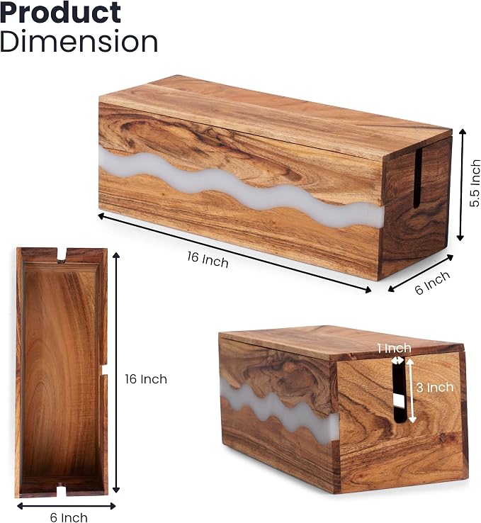 Acacia Wood & Epoxy Cable Management Box, 16X 6 X 5.5 Cable Hider Box, Cable Organizer Box Ideal for Under Desk Cable Management, Router Wires, Surge Protectors and adaptors | White