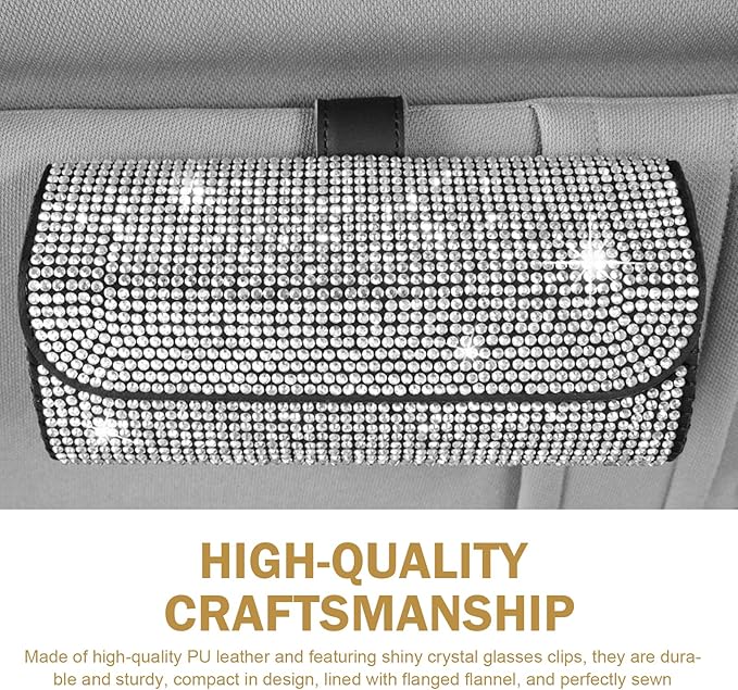 Bling Sunglasses Holder for Car Sun Visor, Rhinestone Auto Eyeglasses Mount Clip Organizer, Leather Sunvisor Sunglasses Storage Case, Universal Glasses Holder Clips for SUV, Sedan, Van (White)