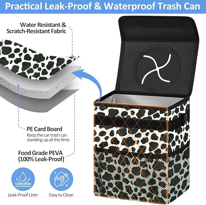 ELONGRIVER Car Trash Can Bin for Back Seat Leak Proof, Cute Car Trash Bag Hanging, Vehicle Trash Can for SUV Truck Van, Automotive Garbage Cans Front Seat Cow Print, 2 Gallons