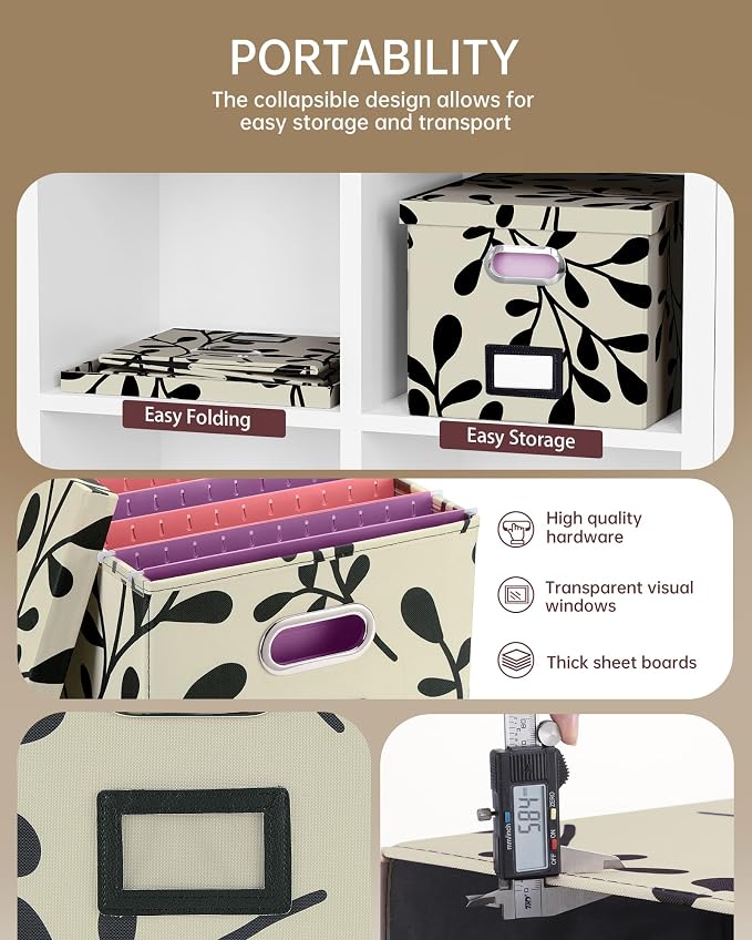 Oterri File Organizer with Lid, File Box, File Cabinet for Letter File Folder Storage, Hanging File Organizer for Office/Decor/Home,Document Organizer, 1 Pack,Leaf Black/Cream-Box Only