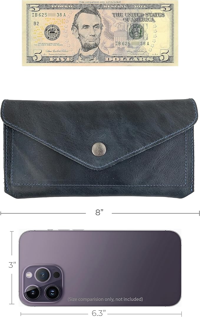 Hide & Drink, Full Grain Leather Large Female Wallet, Travel Organizer for Women, Vintage Money and Card Holder, Handmade, Slate Blue