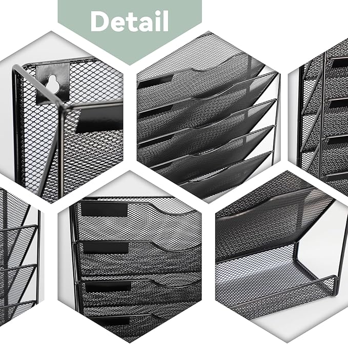 6-Tier Mesh Wall File Holder Organizer with Bottom Flat Tray, Vertical Hanging File Organizer, Office Hanging File Folder Magazine Rack, Nametag Label Hooks Set Included, Black