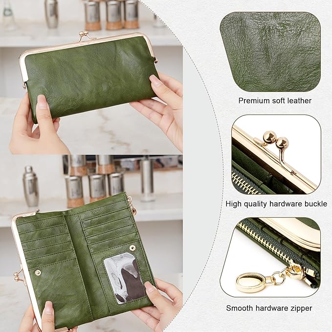 Vintage Wallets for Women Large Bifold Kiss Lock Wallet for Women Leather Zip Clutch Coin Purse