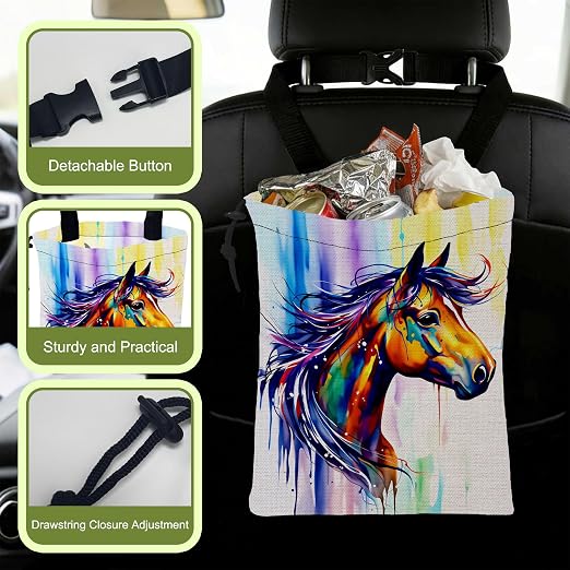 Car Garbage Bag Abstract Watercolor Horse Hanging Drawstring Car Organizer and Storage Bag with Adjustable Buckle Canvas Garbage Bin for Back Seat or Hanging Headrest Car Decor Road Trip Essentials