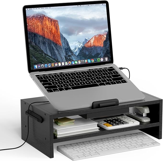 Adjustable Wood Laptop Stand, Ergonomic Height Angles Computer Holder Riser for Desk Compatible with Air, Pro, Dell, HP, Lenovo More 10-17.3" Laptops, Black