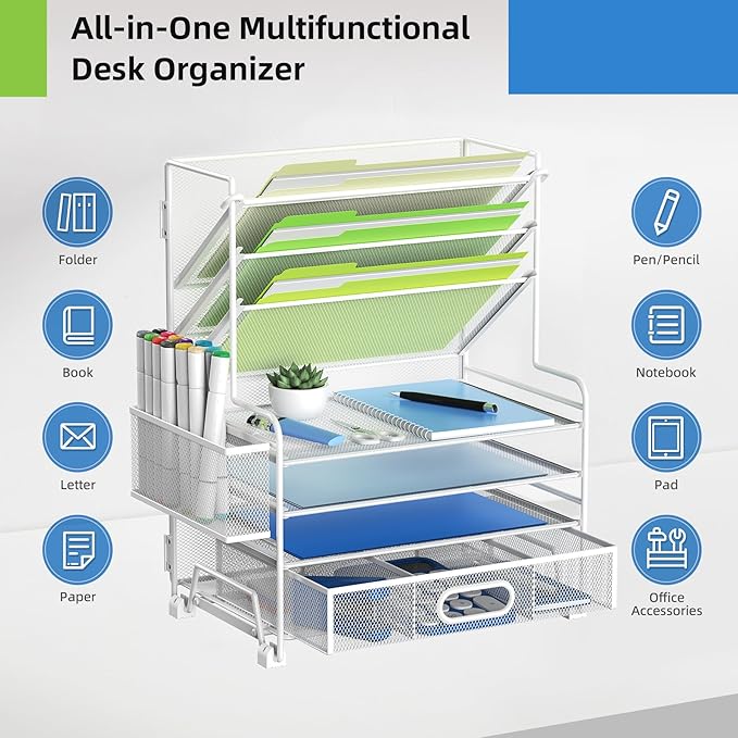 MINDEPOT 4-Tier Paper Organizer + 3-Pocket File Holder + Drawer + Pen Holders, Desktop File Organizers Paper Tray for Office Supplies School Classroom Organization (White, with Drawer & Pen Holder)