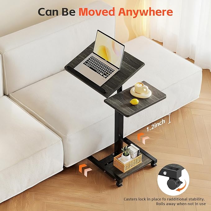 Laptop Desk Stand for Bed Portable Desk Overbed Bedside Mobile Laptop Table Rolling Foldable Table Adjustable Height with Locked Wheels & Mouse Pad for Office Sofa (Dekuwood Black)