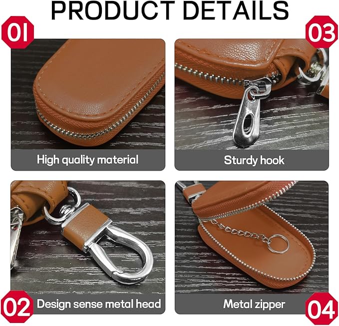 Car Key Case - Genuine Leather Auto Fob Protector, Universal Cover With Metal Hook, Smart Keychain Holder for Remote, Vehicle Keyring Zipper Bag (Brown)