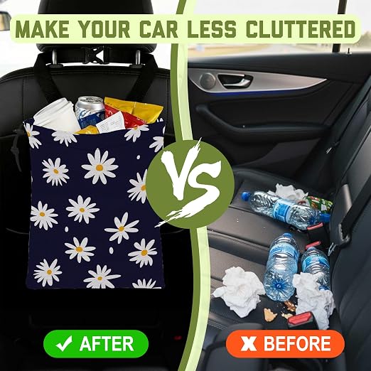 Car Garbage Bag Navy Blue Daisy Floral Hanging Canvas Car Trash Bag Waterproof Drawstring Car Back Seat Organizer for Car Back Front Seat Console with Adjustable Buckle