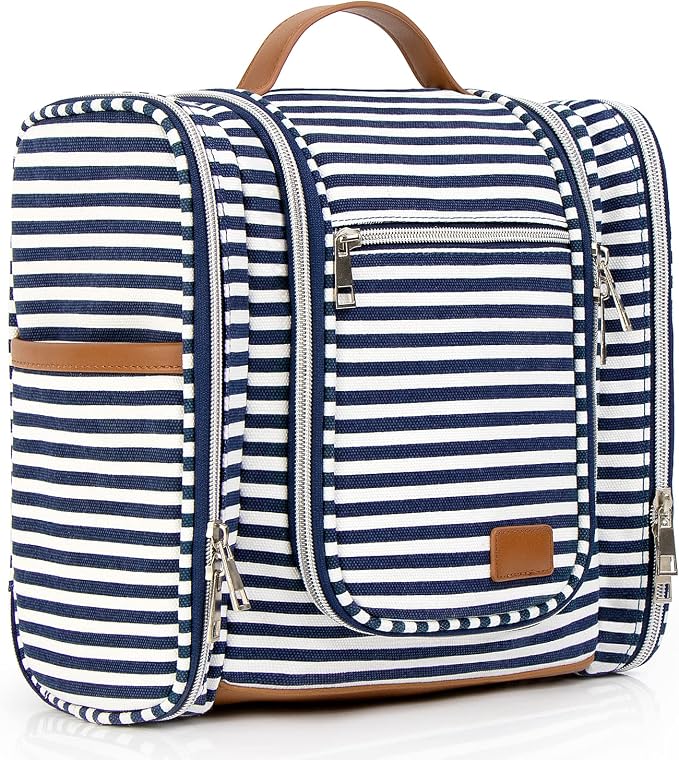 Hanging Travel Toiletry Bag For Women, 4 in 1 Water-Resistant Bule Stripe Canvas Fabric Toiletries Bags, Travel Organizer Bags For Cosmetics, Makeup and Toiletries Organizer Kit