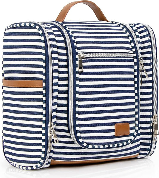 Hanging Travel Toiletry Bag For Women, 4 in 1 Water-Resistant Bule Stripe Canvas Fabric Toiletries Bags, Travel Organizer Bags For Cosmetics, Makeup and Toiletries Organizer Kit
