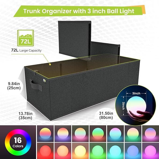 MIU COLOR Collapsible Car Trunk Organizer with 3-inch Rechargeable LED Ball Light Set for SUV, Sedan, Van, Camping, Party, Home Storage, Car Accessories for Men, Women, Color Glow Birthday Day Gifts