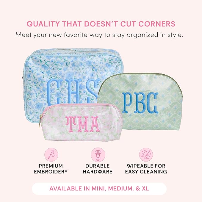 Personalized Clear Coated Pouch - Medium or Large Toiletry Bag with Embroidered or Applique Monogram, Custom Makeup or Travel Organizer, Easy-Clean Cosmetic Bag, Travel Gift for Women (Dahlia, XL)