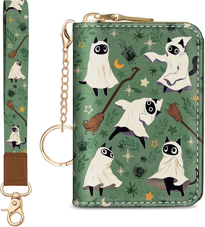 Blusabaca Credit Card Holder for Women, Halloween Spooky Witch Goth Gothic Cute Small RFID Blocking Wristlet Strap Wallet, Zipper Keychain Leather Accordion Case Purse with Key Lanyard Holiday Gift