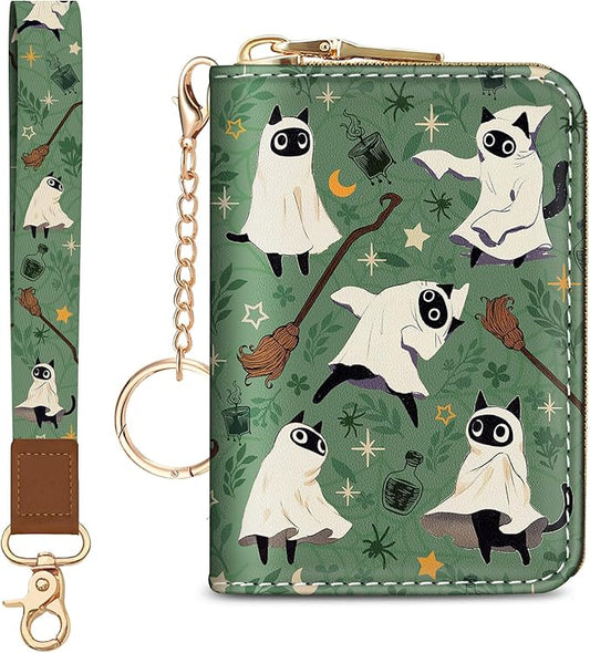 Blusabaca Credit Card Holder for Women, Halloween Spooky Witch Goth Gothic Cute Small RFID Blocking Wristlet Strap Wallet, Zipper Keychain Leather Accordion Case Purse with Key Lanyard Holiday Gift