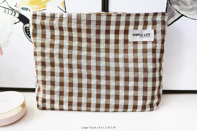 HAPPYHEIDI Nylon Checkered Makeup Bag Set 3 with Pocket Cosmetic Toiletry Travel Pouch, Small Accessory Organizer Bag, 3-Size, Brown, Large Medium Small, Lined, Lightweght