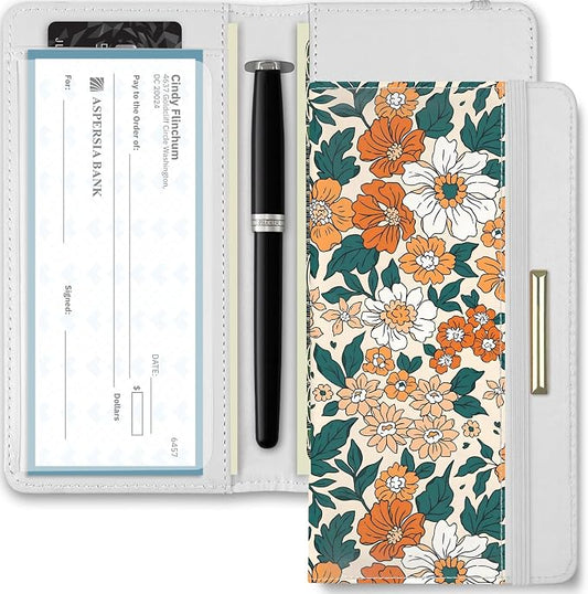 Printed Checkbook Cover, RFID Blocking Checkbook, Stylish, Lightweight, Slim Durable, Multi-Functional Checkbook Holder for Personal and Business Checks (Flower-Yellow)