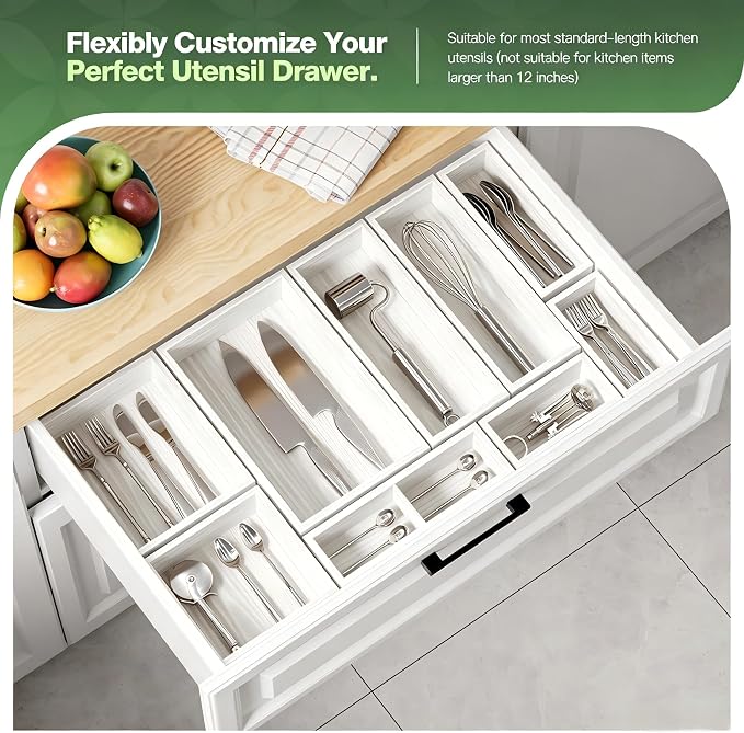 9-Pack Solid Wood Junk Drawer Organizer, Modular Desk Drawer Tray & Accessories with Non-Slip Pad, Multi-Use for Kitchen, Office, Bedroom Dresser, Utensil, Makeup, Stationery, Tea Bags & Coffee Pod