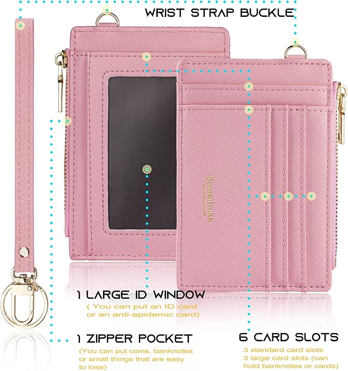 Wikavanli Women Slim Rfid Blocking Credit Card Case Holder Wristlet Zip ID Case Wallet Small Compact Leather Wallet Coin Purse with Keychain (Pink)