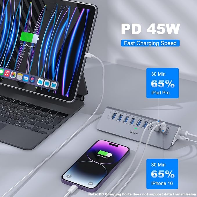 Powered USB Hub 10Gbps, intpw YH6AC 9-Port USB HUB with 10Gbps USB A/USB C 3.2, 4 USB 3.0, 2 PD 45W Charging Port, 65W Power Adapter + 5FT Cable, Aluminum USB Hub for Laptop, PC,iPhone 17/16