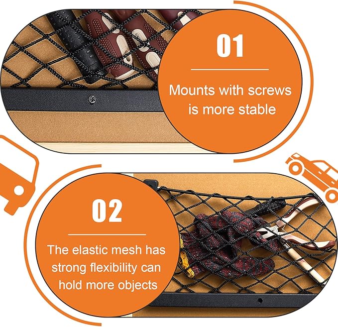 Frienda 2 Pcs Car Storage Net Bag, ABS Plastic Framed Mesh Net Holder, Phone & Cargo Organizer with Screws for Auto, Rv, Boat, Truck Pocket Storage (14 x 7.3 Inch)