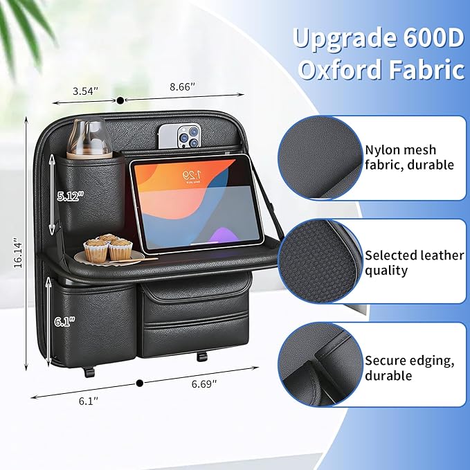 Car Seat Back Organizer with Foldable Tray, Car Seat Back Protector, Premium Leather Kick Mats, Multiple Storage Pockets, Travel Accessories for SUV Truck (Short)