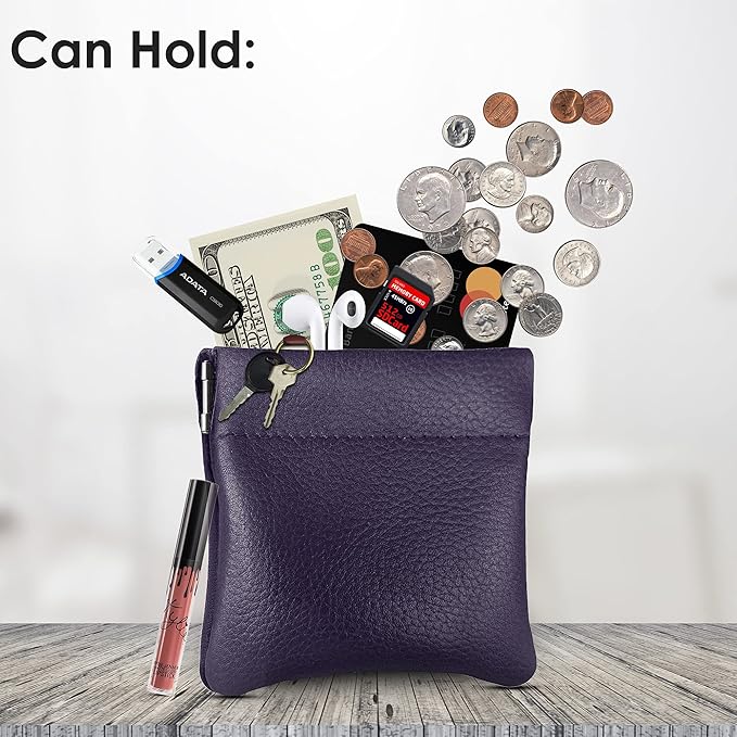 Nabob Leather Genuine Leather Squeeze Coin Purse, Coin Pouch Made IN U.S.A. Change Holder For Men/Woman Size 3.5 X 3.5 (Purple)