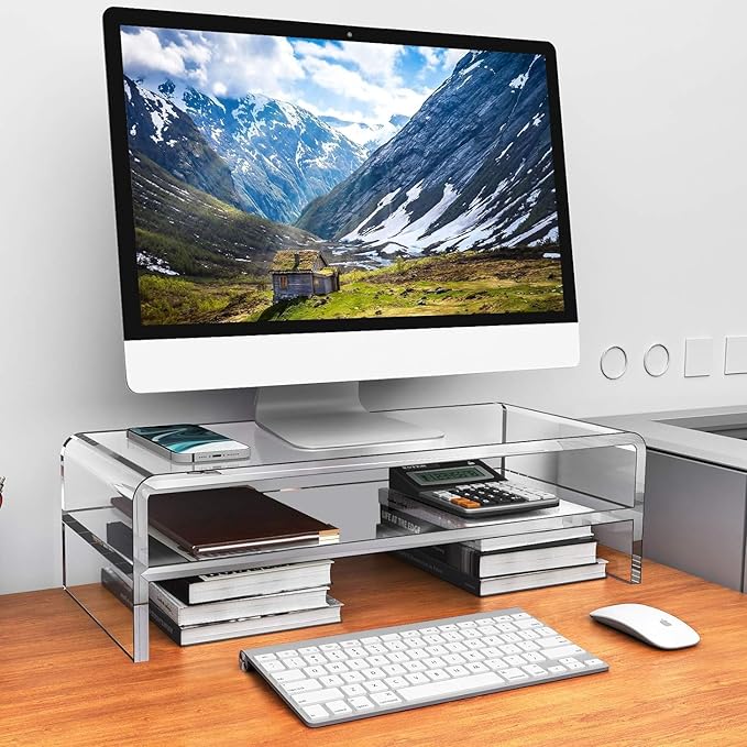 Egchi Acrylic Monitor Stand, 2 Tiers Computer Monitor Riser(20x8x5.5 Inch), Monitor Riser/Computer Stand for Home,Office,Business,PC Desk Stand for Keyboard Storage& Multi-Media Laptop Printer Screen