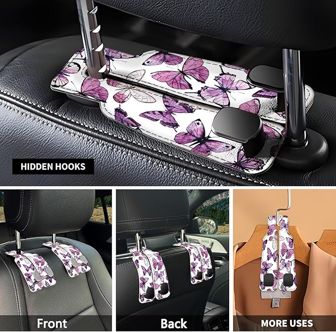 Car Seat Headrest Hook, Universal Leather Cute Hanger Holder Hook, Storage Organizer Interior Accessories for Purse Bags Handbag Luxury Purple Butterfly