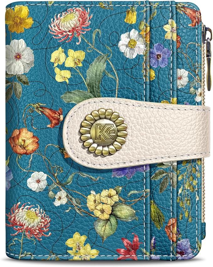 Kelvoris Blue Vibrant Floral Small Rfid Women Wallet Bifold Zipper Coin Pocket PU Leather Compact Cash Credit Card Holder Travel Wallet for Female Ladies Teen Girls 1 ID Window 10 Card Slots