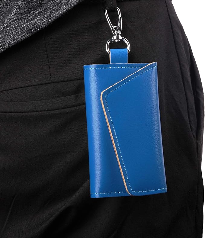 BAKUN Compact Leather Car Key Case, Key Holder Key Organizer Wallet, With 6 Hooks(Blue)