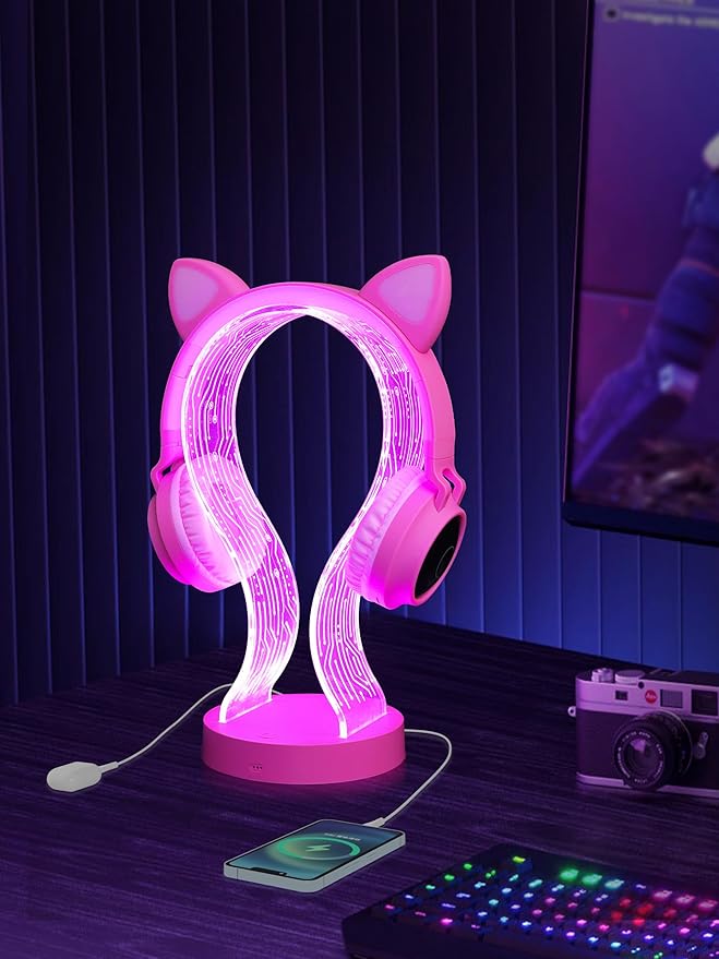 YuanDian Pink Headphone Stand, with 1 USB Charging Port and 1 Type-C Charging Ports, Desk Gaming Headset Holder, 16 Changing Colors with Remote, Gift for Gamers Girl and Music Lovers