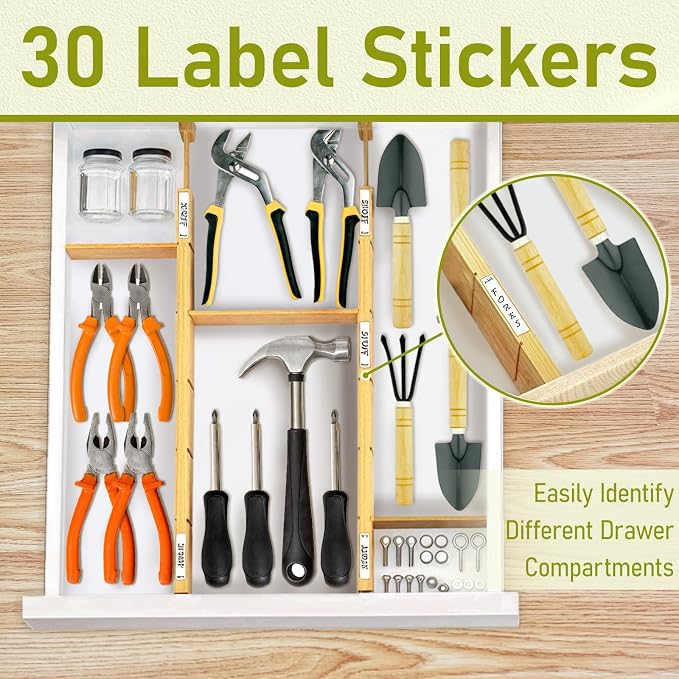 Whitmor Adjustable Bamboo Drawer Dividers, Expandable 17"-22" Drawer Organizer, Space-Saving, Non-Slip & Spring-Loaded Separators for Kitchen, Bedroom, Office, 4 Pack Dividers with 9 Baffles
