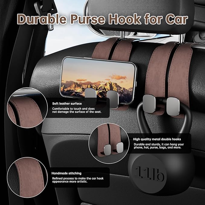 Car Purse Hook for Headrest - 2Pcs Headrest Hooks for Car Seat Back Storage,100% Leather Car Hanger with Metal Hooks,Suitable for Car Organizers and Storage,Seat,Bag,Purse(Brown)