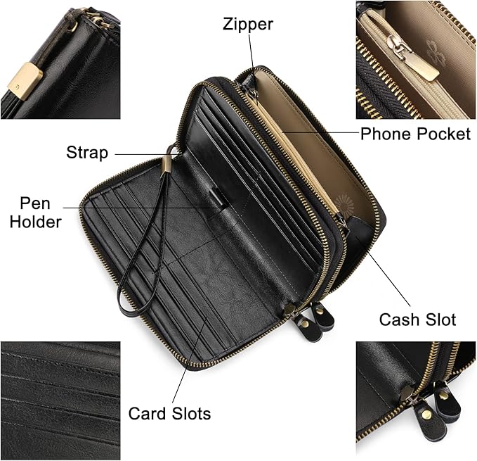 SENDEFN Leather Women Wallet RFID Blocking Zipper Around Phone Holder Clutch Wristlet Large Capacity