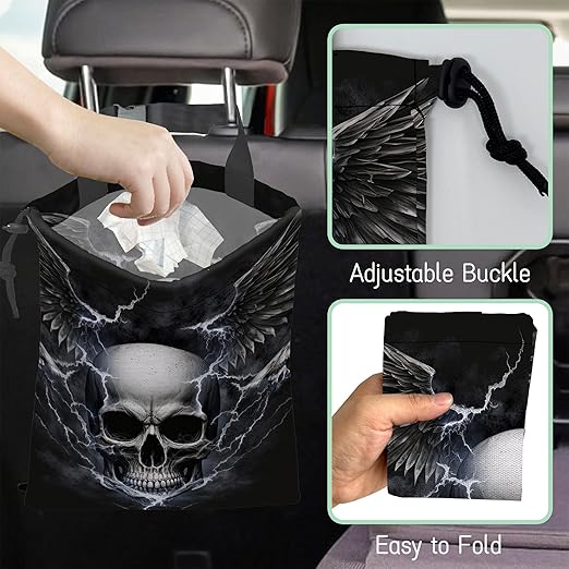 Skull Lightning Car Garbage Bag,Waterproof Small Car Trash Bag Hanging Back of Seat,Drawstring Hanging Car Trash Bag with Adjustable Buckle for Car Accessories