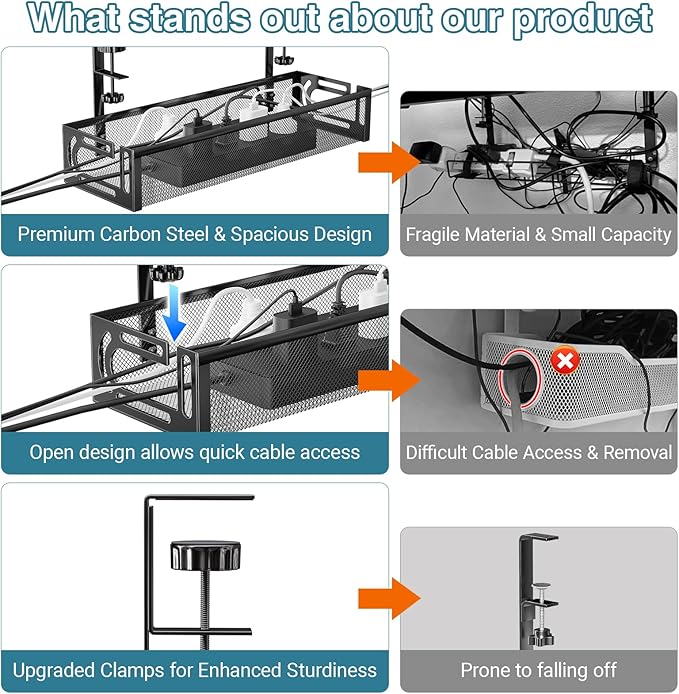 No Drill Under Desk Cable Management Tray, SONATURE 15.7" Cord Organizer for Table, Clamp Mount Desk Cable Management, Premium Carbon Steel Cable Organizer for Office, Home (Black)