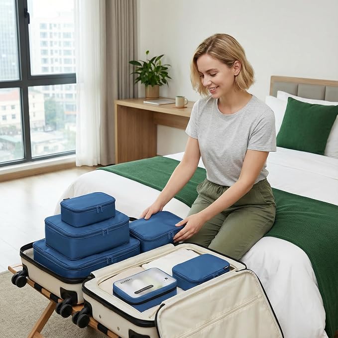 6 Set Compression Packing Cubes for 7–14 Day Travel, Dark Blue | Nylon Oxford Fabric, Full Breathable Mesh, Reinforced Double-Zipper, Small to Large Size Bag, Expandable Packing System