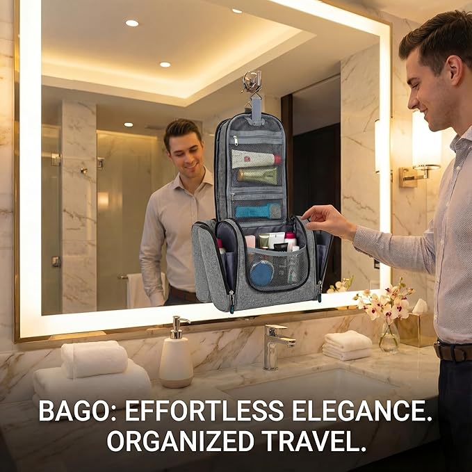 Bago Travel Toiletry Bag for Women and Men - Large Waterproof Hanging Large Toiletry Bag for Bathroom and Travel Bag for Toiletries Organizer - Makeup Bag (SnowGray)
