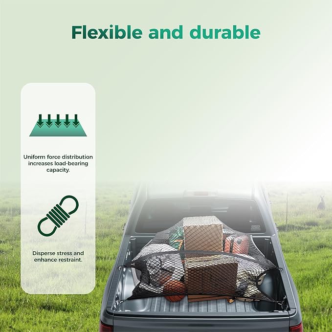 Stretchable Cargo Net(4'x4' Stretches to 7'x7') - Adjustable Elastic Trunk & Truck Bed Storage Organizer with Hook, Ideal for Securing Daily Light Loads