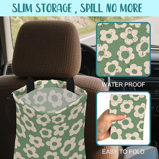 Car Garbage Bag Vintage Green Groovy Flowers Drawstring Car Trash Bag Hanging for Back Seat with Adjustable Buckle Canvas Vehicle Trash Can Easy-to-Install