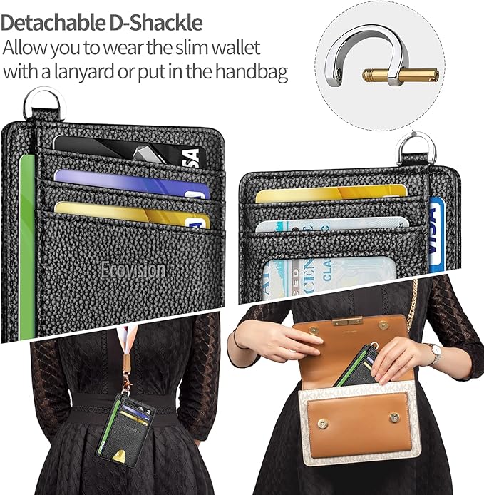 EcoVision Slim Minimalist Front Pocket Wallet, RFID Blocking Credit Card Holder Wallet with Detachable D-Shackle for Men Women