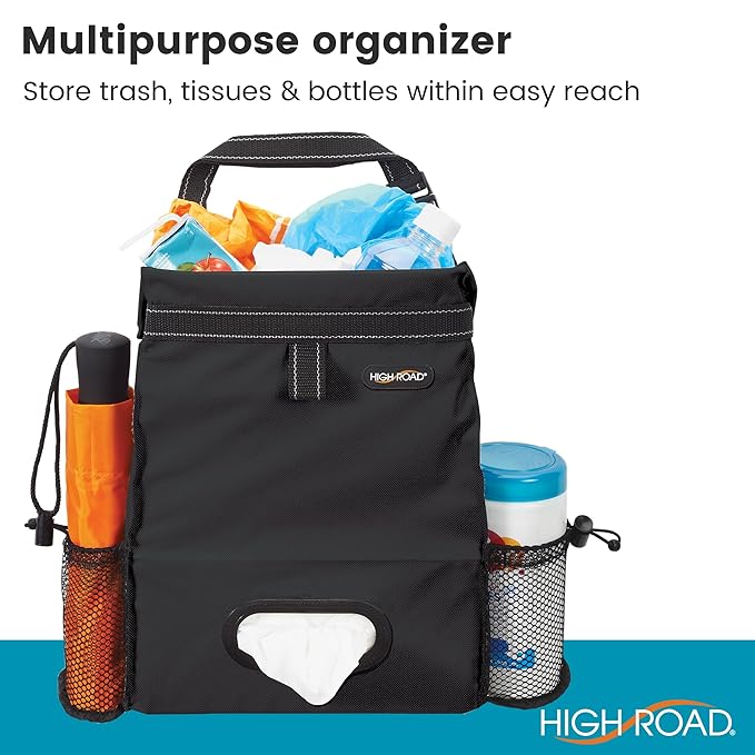 High Road Car Organizer with Car Trash Bag and Tissue Holder - Holds Full Size Tissue Box, Bottles and Wipe Containers - 2 Gal Leakproof Covered Car Trash Can with Push-Close Lid
