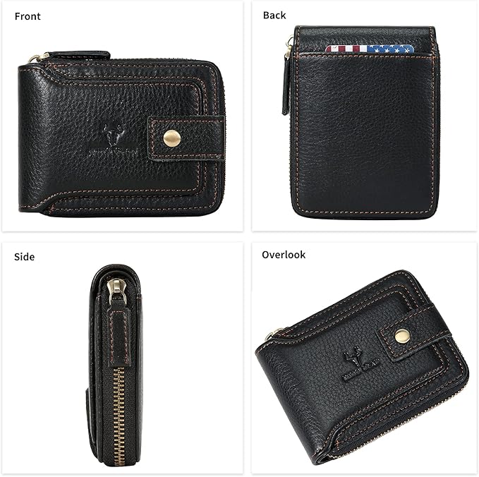 Zipper Wallet Men RFID Blocking Leather Bifold Wallets For Men - Flap ID Window Zip Coin Pocket Mens Zipper Wallets - Big Capacity Credit Card Travel Wallet (Black)