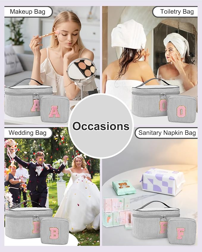MONSTINA Initial Makeup Bag with Brush Holder for Women,Make Up Case for Girlfriend Bridesmaid Wife|Personalized Birthday Gift for Her Cute Toiletry Bag,2PCS,Black K